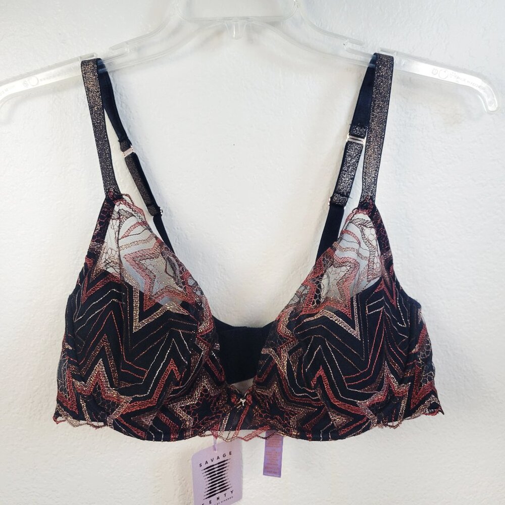 NWT Savage X Fenty Bra 38DDD Lace Stars Lingerie New Black